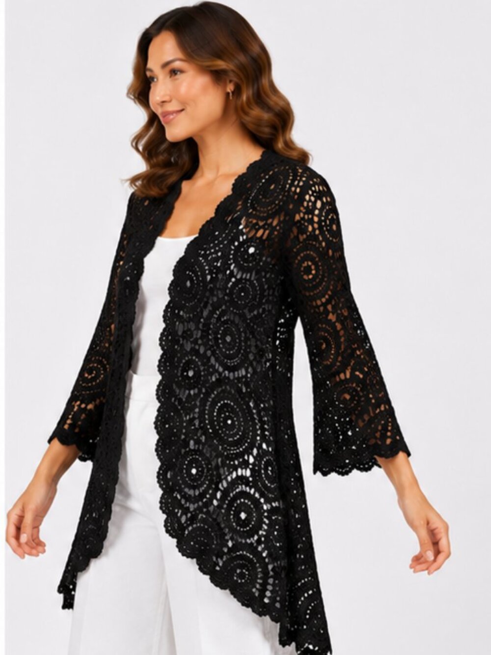Nina Leonard Black Crochet Bell Sleeve High Low Cardigan NWOT